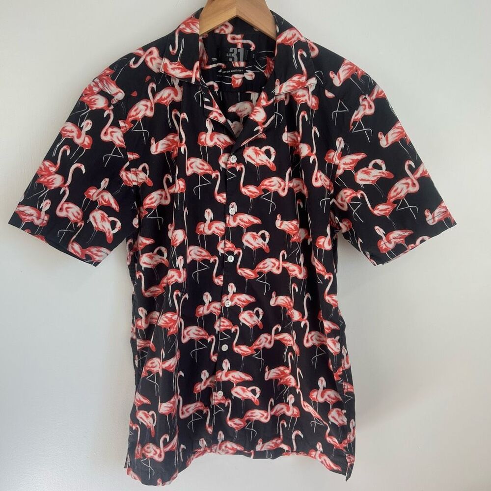 Le 31 For Simons Men's M Semi Fit Black Flamingos Short Sleeve Button Down Shirt